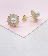 Load image into Gallery viewer, 18k Gold Filled Round Stud with mini baguette zirconias and a baby pearl in the middle