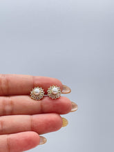Load image into Gallery viewer, 18k Gold Filled Round Stud with mini baguette zirconias and a baby pearl in the middle