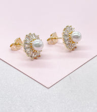 Load image into Gallery viewer, 18k Gold Filled Round Stud with mini baguette zirconias and a baby pearl in the middle