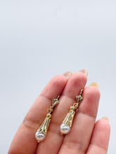 Load image into Gallery viewer, 18k Gold Filled Cylinder-Cone Shape Drop Earring featuring a Small Smooth Pearl