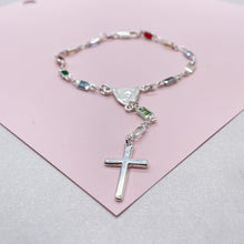 Load image into Gallery viewer, Silver Filled Small Square Colorful Rosary Bracelet, Multicolor with Virgin Mary and Cross Medal