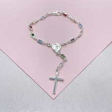 Load image into Gallery viewer, Silver Filled Small Square Colorful Rosary Bracelet, Multicolor with Virgin Mary and Cross Medal