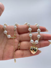 Load image into Gallery viewer, 18k Gold Filled Gold And Pearl Bead necklace with Puffy Heart Center