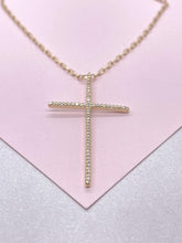 Load image into Gallery viewer, 18k Gold Filled 1.5mm Ultra-Thin CZ Cross Pendant with Paper Clip Chain