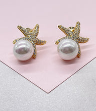 Load image into Gallery viewer, 18k Gold Filled CZ Pave Star and Faux Pearl Stud Earring Featuring StarFish
