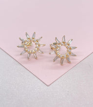 Load image into Gallery viewer, 18k Gold Filled Sunburst Pearl Earring Crowned with CZ