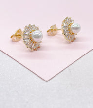 Load image into Gallery viewer, 18k Gold Filled Round Stud with mini baguette zirconias and a baby pearl in the middle