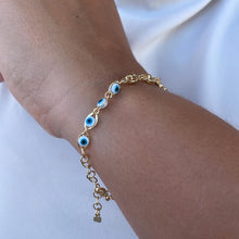 Load image into Gallery viewer, 18k Gold Filled Blue Evil Eye Charm Bracelet with Puffy Mariner Links