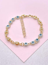 Load image into Gallery viewer, 18k Gold Filled Blue Evil Eye Charm Bracelet with Puffy Mariner Links