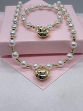 Load image into Gallery viewer, 18k Gold Filled Gold And Pearl Bead necklace with Puffy Heart Center