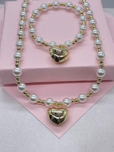 Load image into Gallery viewer, 18k Gold Filled Gold And Pearl Bead necklace with Puffy Heart Center