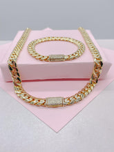 Load image into Gallery viewer, 14k Gold Filled 8mm Monaco Link Necklace Chain and Bracelet With CZ Pave Embellished Clasp