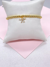 Load image into Gallery viewer, 18k Gold Filled Elastic Classic 4mm Beaded Bracelet with CZ Dainty Bow