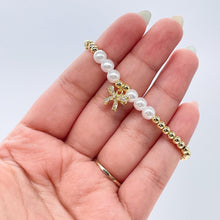 Load image into Gallery viewer, 18k Gold Filled Elastic Classic 4mm Gold and Pearl Beaded Bracelet with CZ Pave Bow