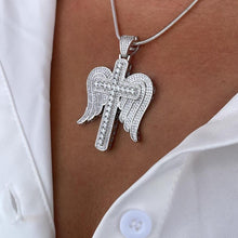Load image into Gallery viewer, 18k Gold & Silver Filled CZ Pave Zirconia Open Angel Wings Angel featuring a Stone Cross in the Center