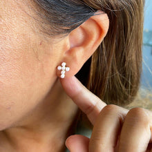 Load image into Gallery viewer, 18k Gold Filled Tiny Cross Beaded Pearl Stud Earring, Christening Jewelry, Cross Earrings, Pearl Cross, Dainty Cross