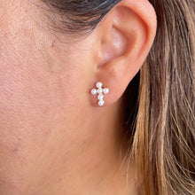 Load image into Gallery viewer, 18k Gold Filled Tiny Cross Beaded Pearl Stud Earring, Christening Jewelry, Cross Earrings, Pearl Cross, Dainty Cross