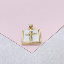 Load image into Gallery viewer, 18k Gold Filled Square Medallion Pendant: CZ Cross, Faux Pearl