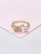 Load image into Gallery viewer, Adjustable 18k Gold Filled Dual Ended Butterfly Ring With CZ and Pearl