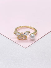 Load image into Gallery viewer, Adjustable 18k Gold Filled Dual Ended Butterfly Ring With CZ and Pearl