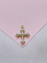 Load image into Gallery viewer, 18k Gold Filled Pearl Style Cross Pendant with gold embellishments