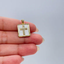 Load image into Gallery viewer, 18k Gold Filled Square Medallion Pendant: CZ Cross, Faux Pearl