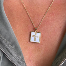 Load image into Gallery viewer, 18k Gold Filled Square Medallion Pendant: CZ Cross, Faux Pearl