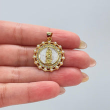 Load image into Gallery viewer, 18k Gold Filled Virgin Mary Medallion Pendant: CZ & Rice Pearl Crown