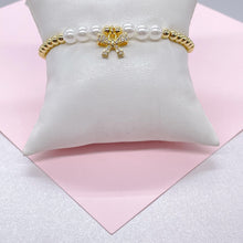 Load image into Gallery viewer, 18k Gold Filled Elastic Classic 4mm Gold and Pearl Beaded Bracelet with CZ Pave Bow