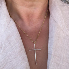 Load image into Gallery viewer, 18k Gold Filled 1.5mm Ultra-Thin CZ Cross Pendant with Paper Clip Chain