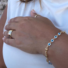 Load image into Gallery viewer, 18k Gold Filled Blue Evil Eye Charm Bracelet with Puffy Mariner Links
