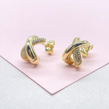 Load image into Gallery viewer, 18k Gold Filled X Stud Hoop Earring with CZ Patterned