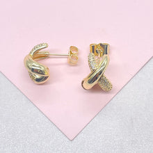 Load image into Gallery viewer, 18k Gold Filled X Stud Hoop Earring with CZ Patterned