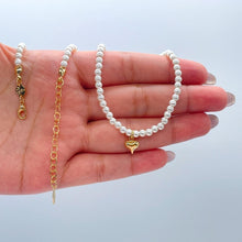 Load image into Gallery viewer, 18k Gold Filled Beaded Choker Necklace and Bracelet with 4mm Pearls and Plain Heart Charm