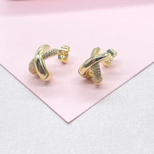 Load image into Gallery viewer, 18k Gold Filled X Stud Hoop Earring with CZ Patterned