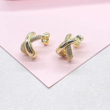 Load image into Gallery viewer, 18k Gold Filled X Stud Hoop Earring with CZ Patterned