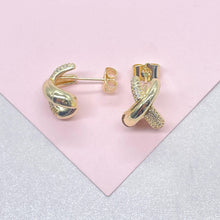 Load image into Gallery viewer, 18k Gold Filled X Stud Hoop Earring with CZ Patterned