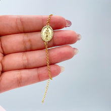 Load image into Gallery viewer, 18k Dainty Gold Filled Rolo Bracelet with Engraved Virgin Mary Medallion Center