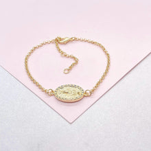 Load image into Gallery viewer, 18k Dainty Gold Filled Rolo Bracelet with Engraved Virgin Mary Medallion Center