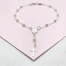 Load image into Gallery viewer, Dainty Silver Filled Beaded Pearl Satellite Rosary Bracelet with Virgin Mary and Crucifix Charm