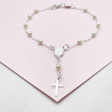 Load image into Gallery viewer, Dainty Silver Filled Beaded Pearl Satellite Rosary Bracelet with Virgin Mary and Crucifix Charm