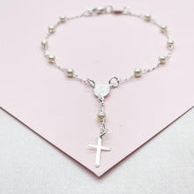 Load image into Gallery viewer, Dainty Silver Filled Beaded Pearl Satellite Rosary Bracelet with Virgin Mary and Crucifix Charm