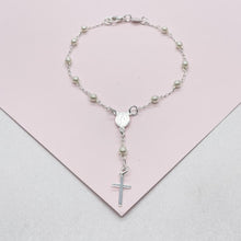 Load image into Gallery viewer, Dainty Silver Filled Beaded Pearl Satellite Rosary Bracelet with Virgin Mary and Crucifix Charm