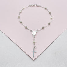 Load image into Gallery viewer, Dainty Silver Filled Beaded Pearl Satellite Rosary Bracelet with Virgin Mary and Crucifix Charm