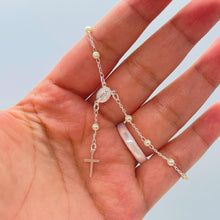 Load image into Gallery viewer, Dainty Silver Filled Beaded Pearl Satellite Rosary Bracelet with Virgin Mary and Crucifix Charm