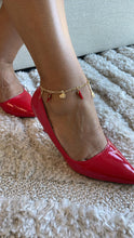 Load image into Gallery viewer, 18k Gold Filled Red Pepper, Pumpkin, Fork and Spoon Protection Anklet in a Figaro Chain