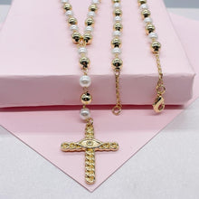 Load image into Gallery viewer, 18k Gold Filled Long Pearl Beaded Rosary Chain with Pave Eye Cross