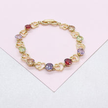 Load image into Gallery viewer, 18k Gold Filled Heart Patterned Bracelet with Round Colorful CZ Stones