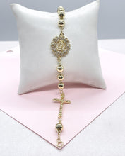 Load image into Gallery viewer, 18k Gold Filled Rosary Bracelet: Virgin Mary, Jesus Crucifix, CZ Medal