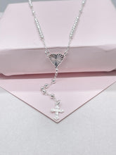 Load image into Gallery viewer, Silver Filled Dainty Rosary with sparkle Heart Center Crucifix Cross